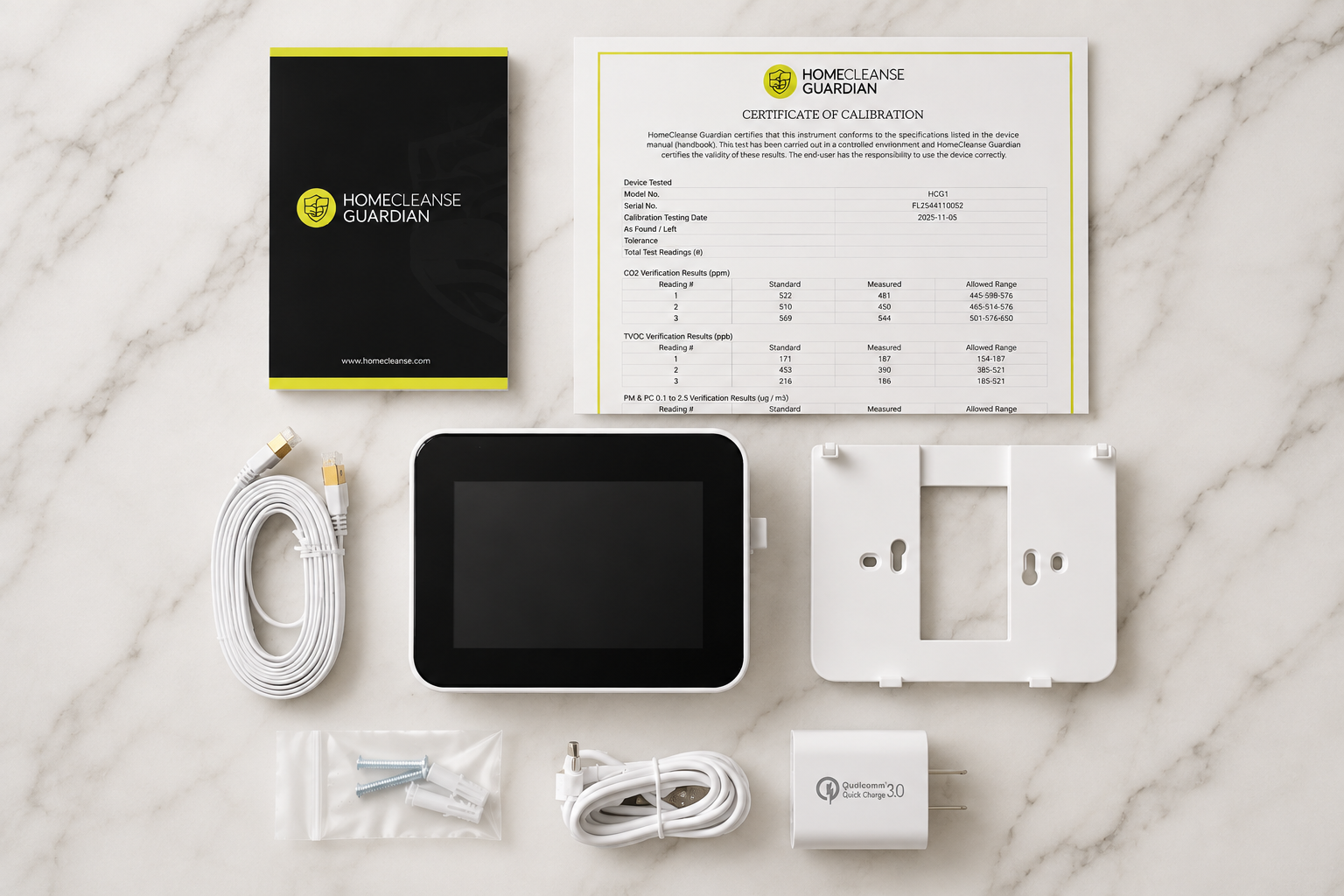 What’s in the box — HomeCleanse Guardian monitor, sensor capsules, USB-C adapter and cable, wall mount and hardware