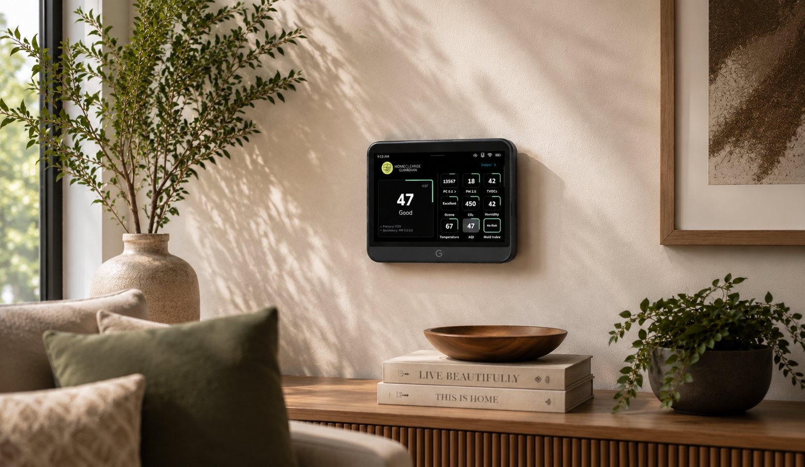 HomeCleanse Guardian mounted on a living-room wall, its screen showing an air-quality reading of 47, Good