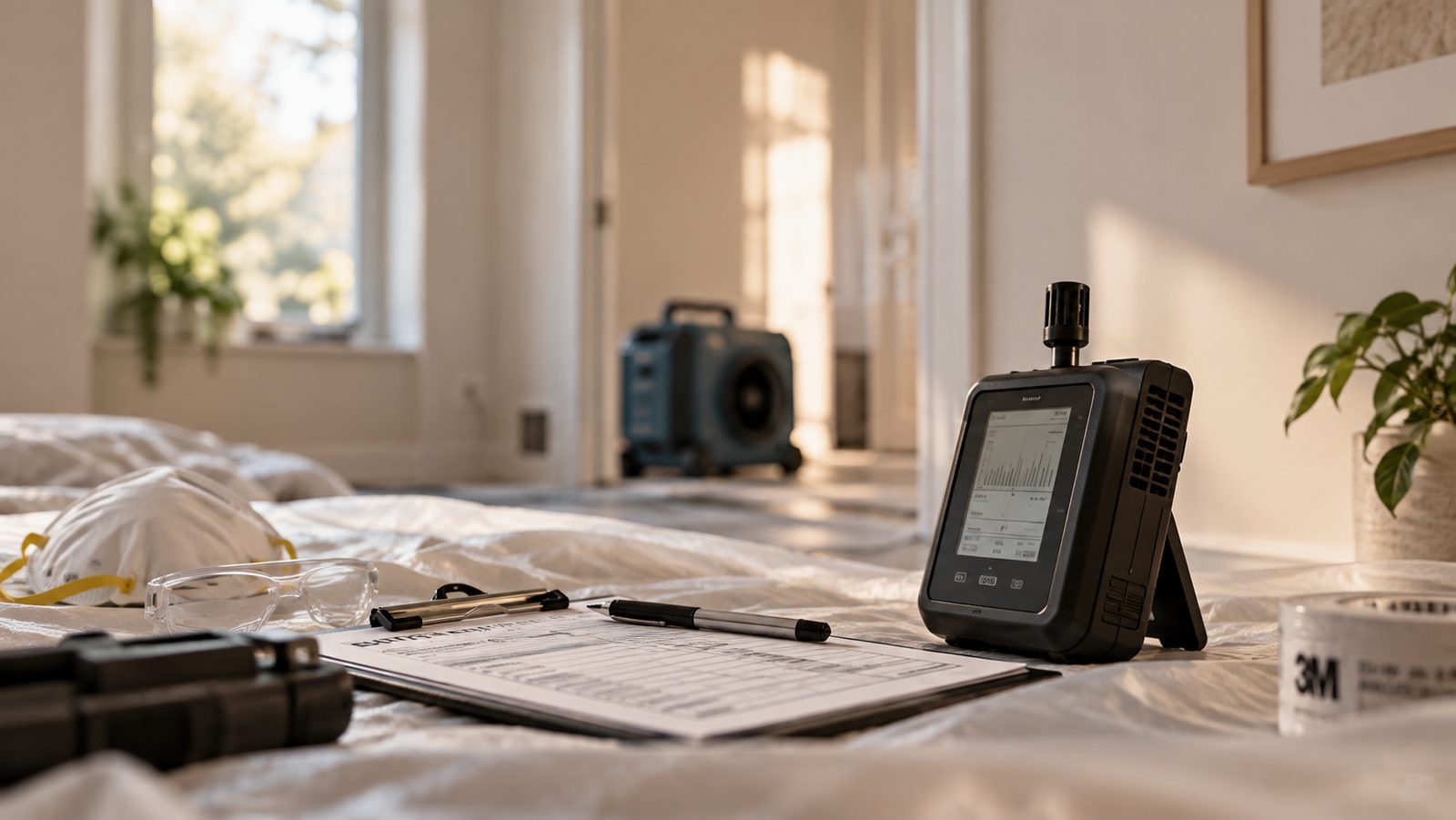 An air-quality meter and an inspection checklist on protective sheeting in a bedroom.