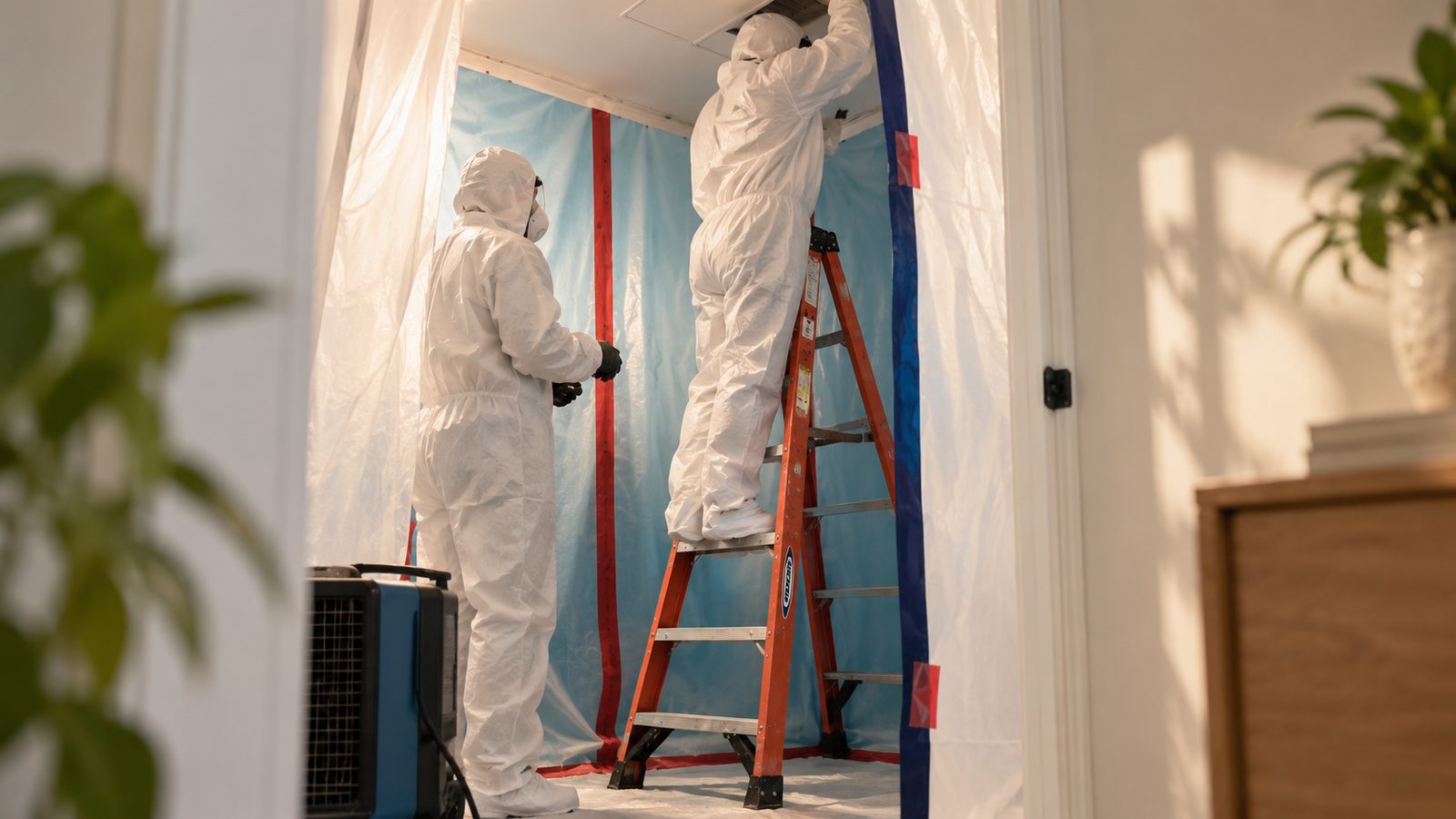 Two technicians in protective suits working inside a sealed containment barrier.