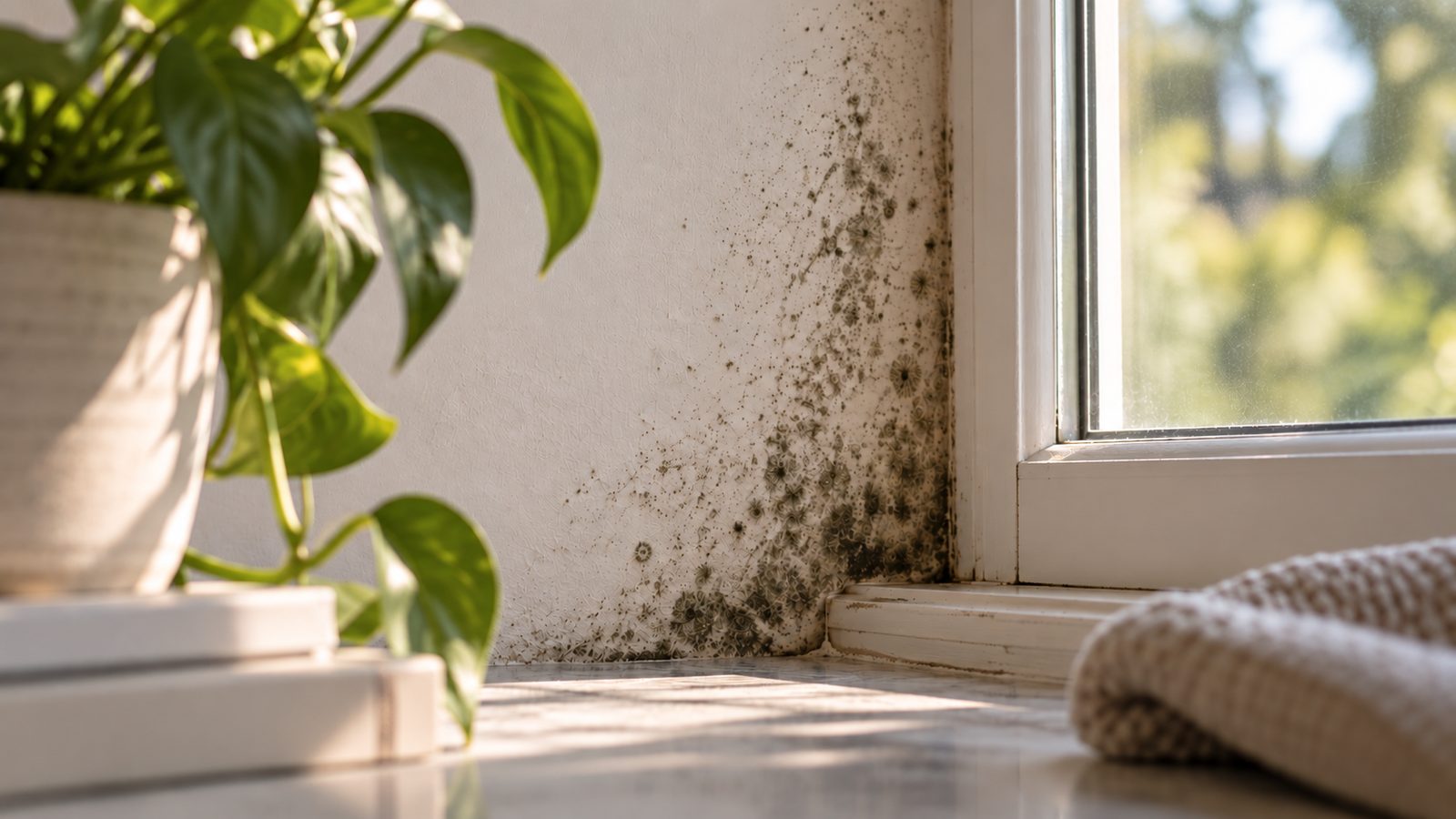 Mold growing on a painted wall beside a sunlit window, next to a houseplant.