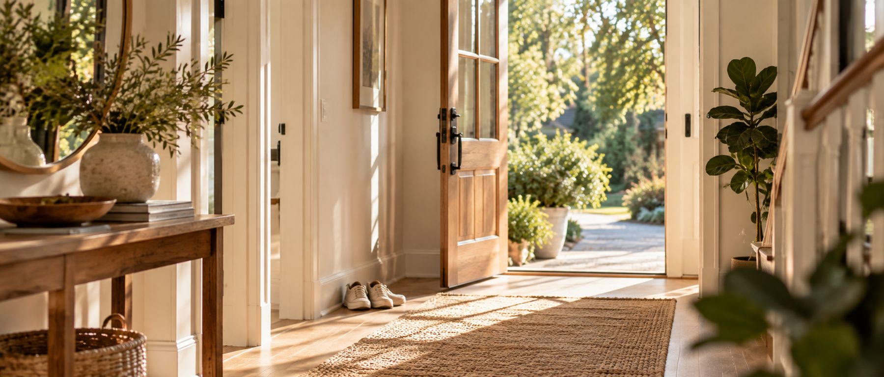 A warm front hallway with the door open to a sunny garden path.