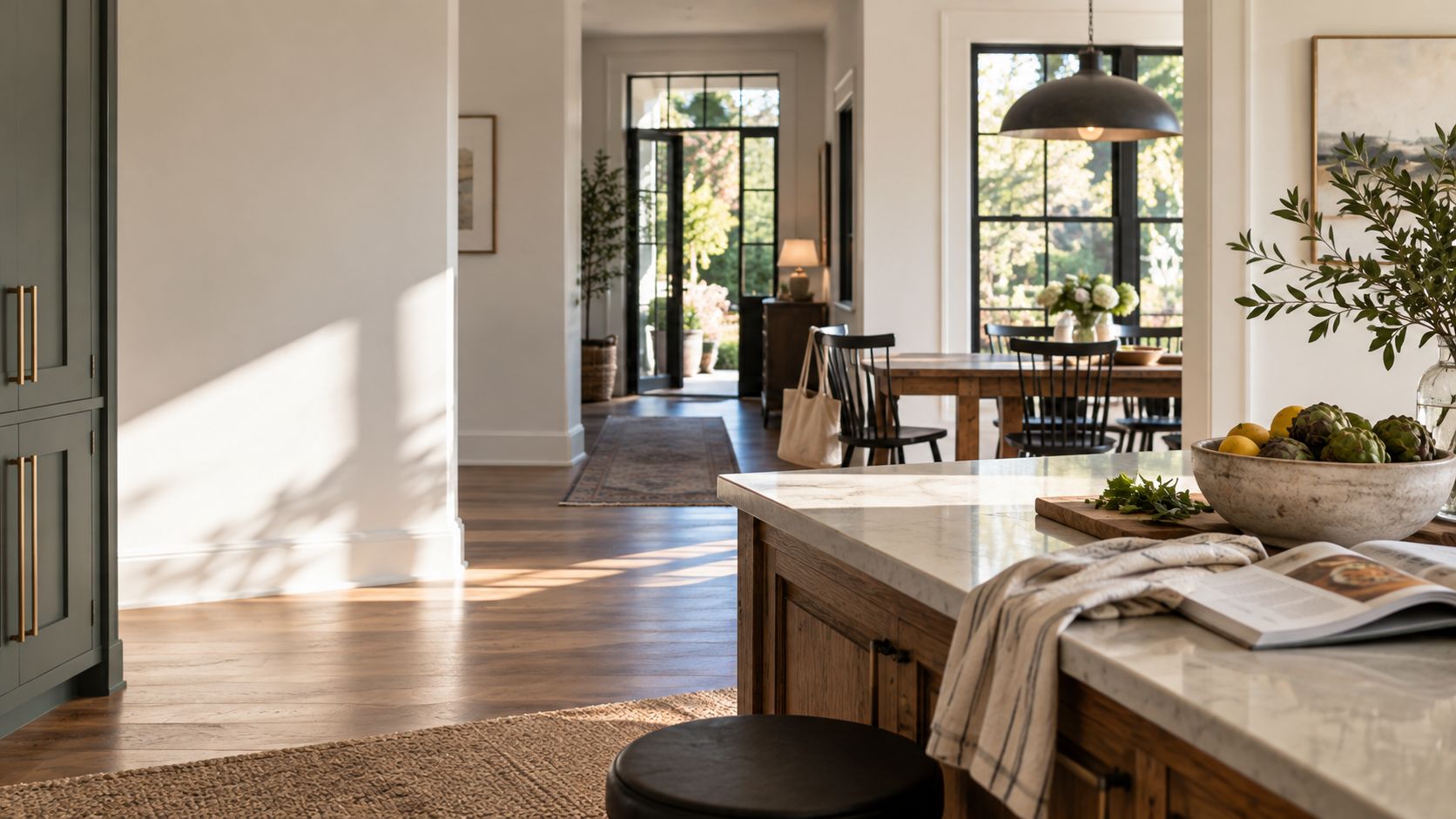 A sunlit kitchen with a wooden island, open to a hallway and dining room.