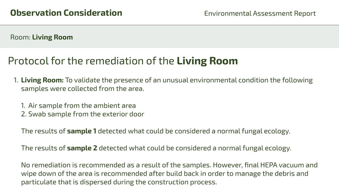 Report excerpt for the living room: both samples show a normal fungal ecology and no remediation is recommended.