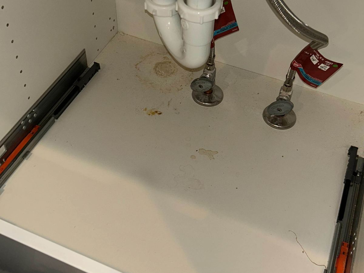 Water staining on the floor of a bathroom sink cabinet, photographed during the inspection.